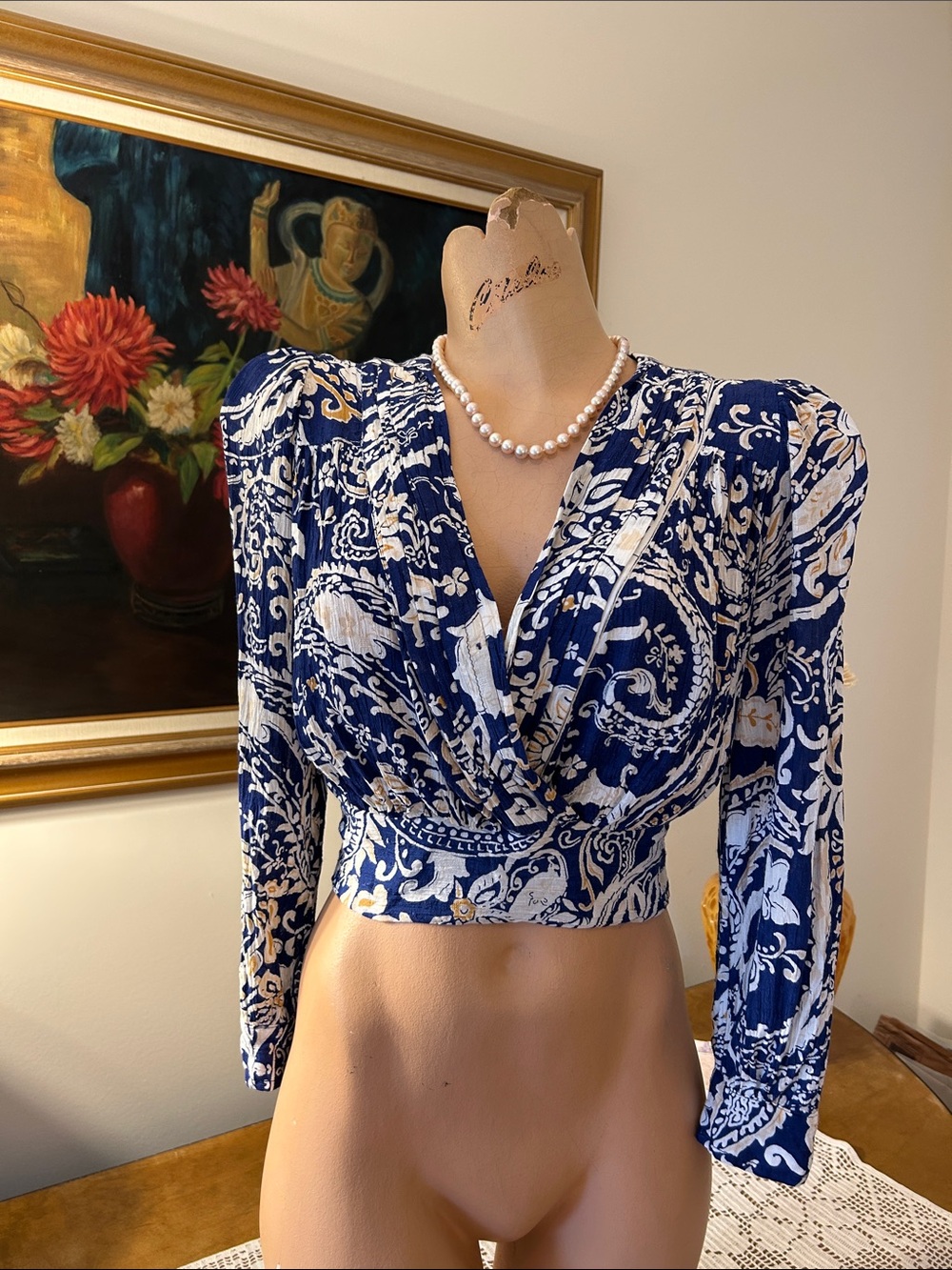 Nicole Miller Navy & White Printed Wrap Crop Top
